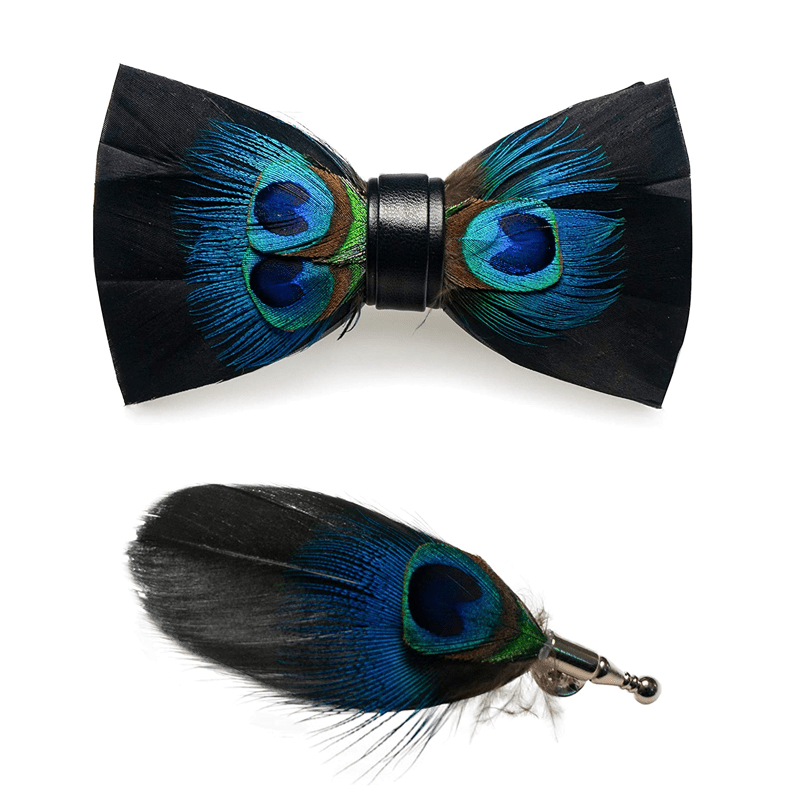 Nœud papillon en plumes de paon noir et bleu avec épingle à revers