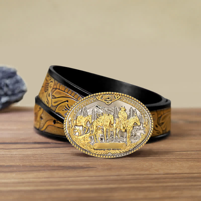 Ceinture en cuir à boucle pour homme avec motif de cheval de cow-boy