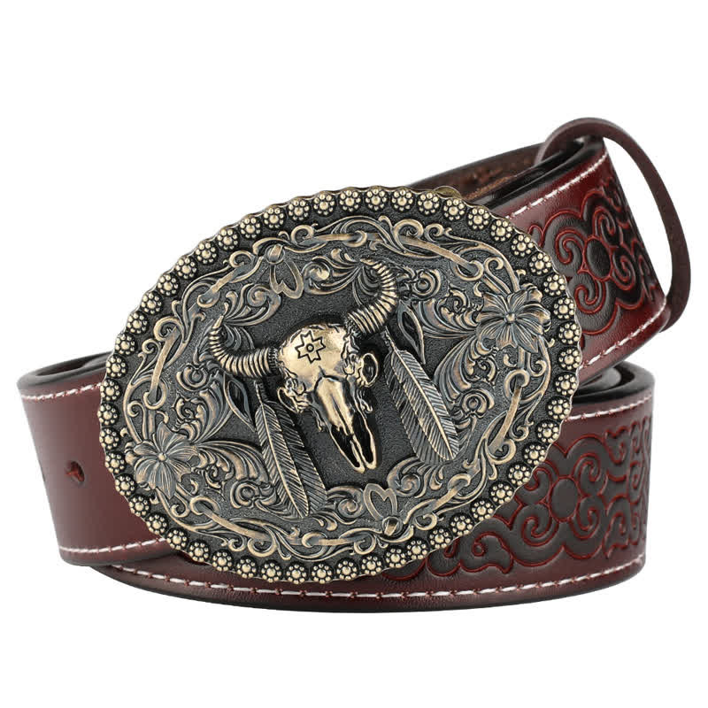 Ceinture en cuir pour homme avec plumes gravées et motif taureau