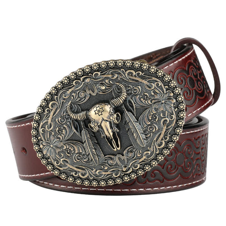 Ceinture en cuir pour homme avec plumes gravées et motif taureau
