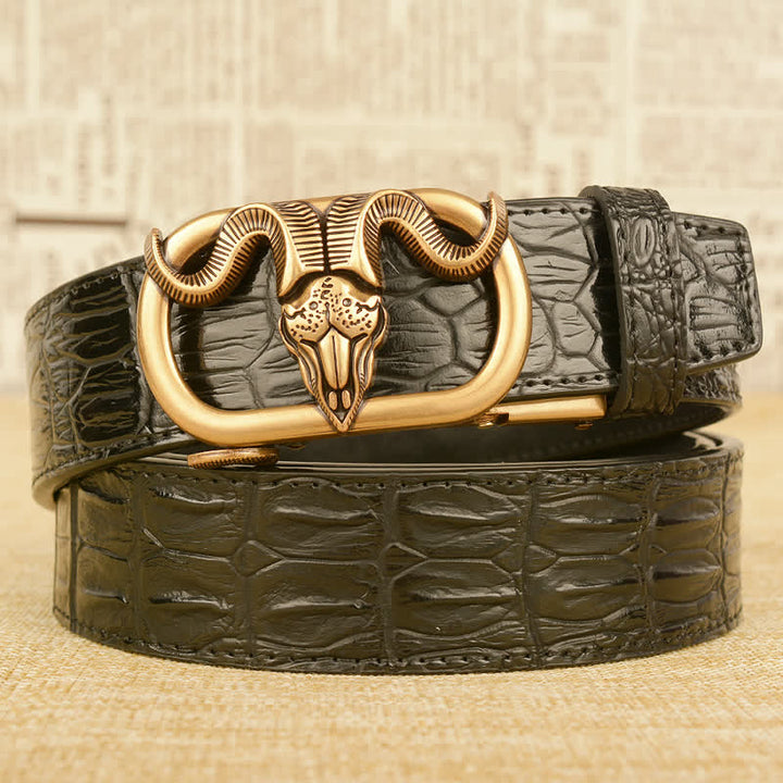 Ceinture en cuir à boucle automatique pour homme avec imprimé crocodile et tête de chèvre