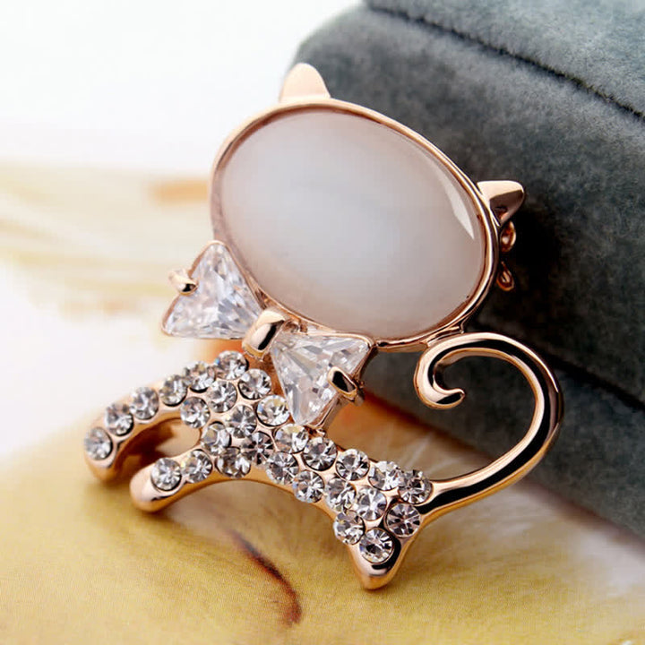 Broche pour femme en forme de chat opale avec noeud papillon