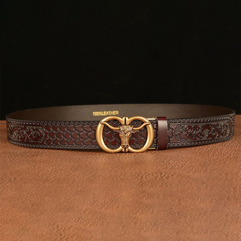 Ceinture en cuir avec boucle tête de taureau pour homme