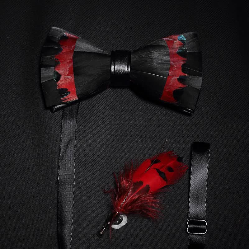 Nœud papillon en plumes de cygne noir et rouge pour enfant avec épingle à revers