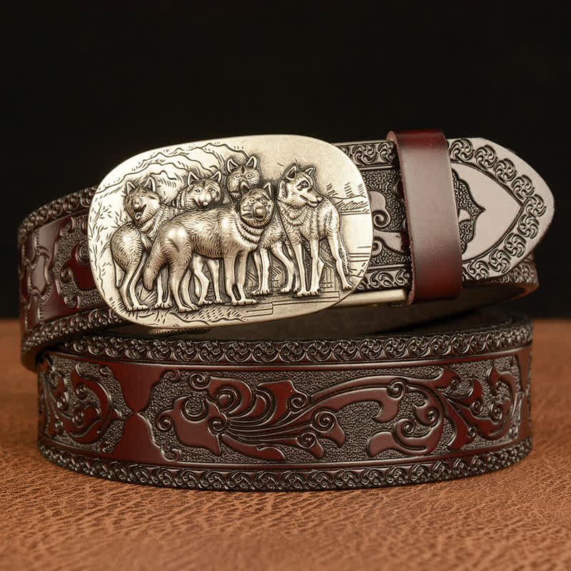 Ceinture en cuir pour homme avec motif rétro de loups