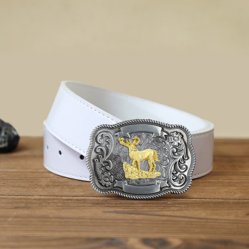 Ceinture en cuir à boucle animalière sculptée en or pour homme - Cerf - Ceinture blanche en PU (40) - image 31