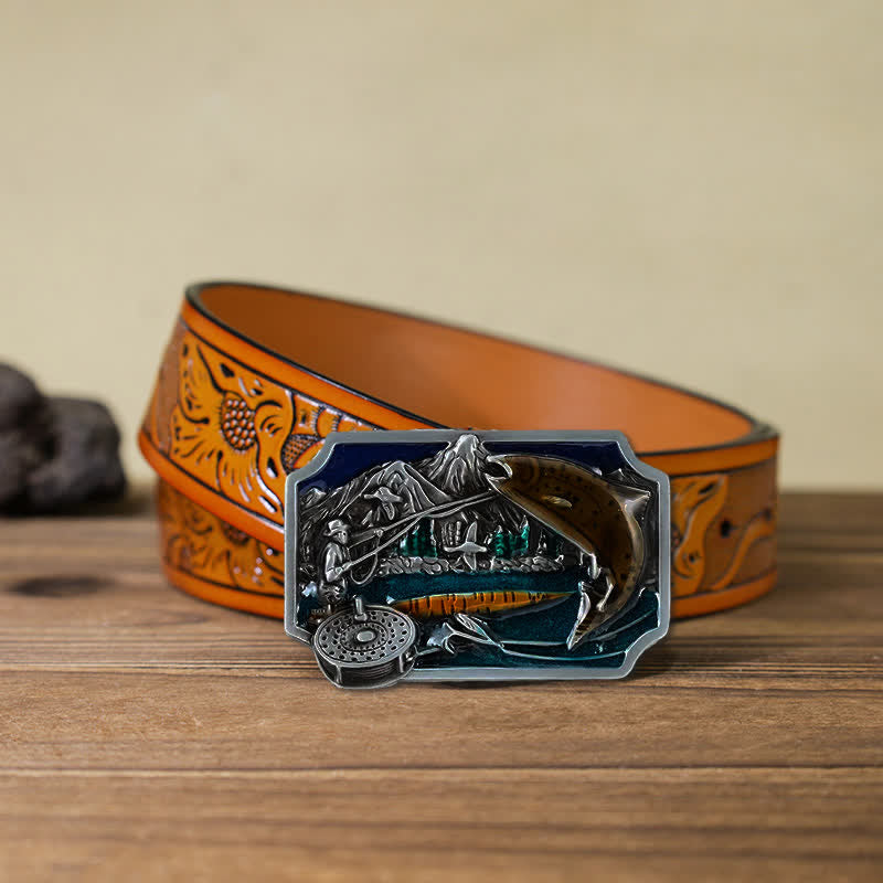 Ceinture en cuir à boucle rectangulaire en émail pour homme avec motif de pêche