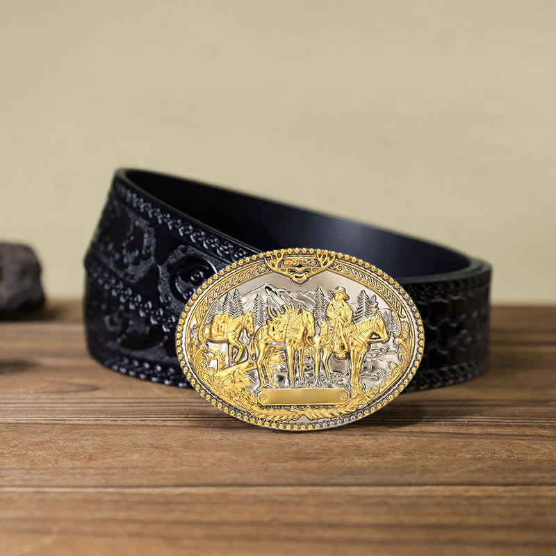 Ceinture en cuir à boucle pour homme avec motif de cheval de cow-boy