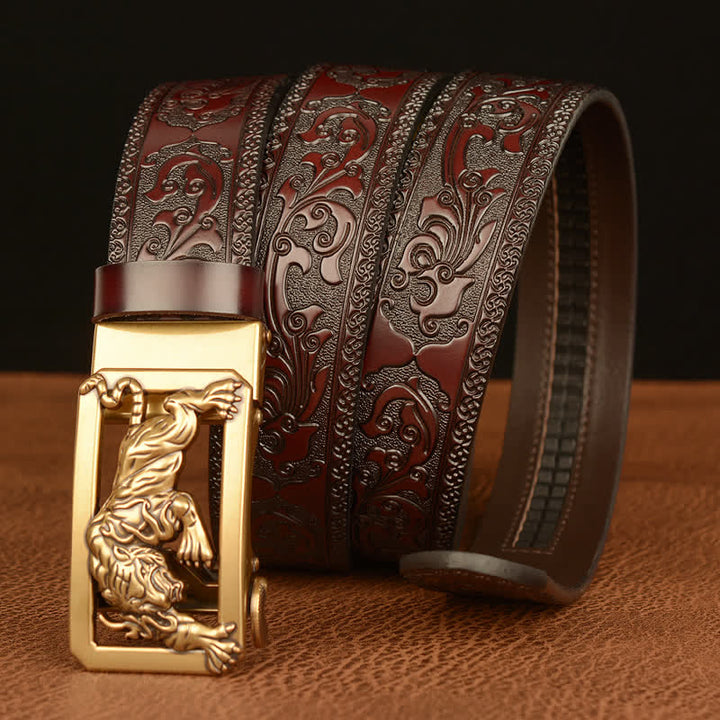 Ceinture en cuir à motif floral en relief avec boucle tigrée pour homme