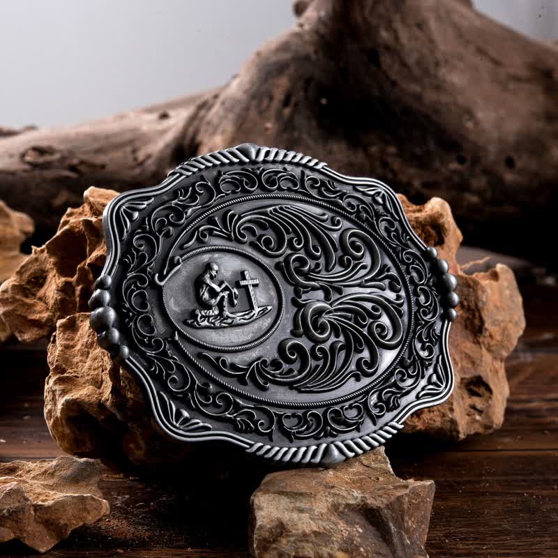 Ceinture en cuir à boucle gravée pour homme avec motif floral et prière sincère