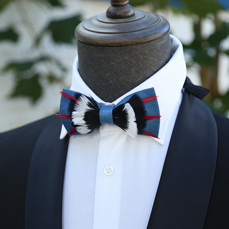 Nœud papillon en plumes de lin bleu de luxe noir et blanc
