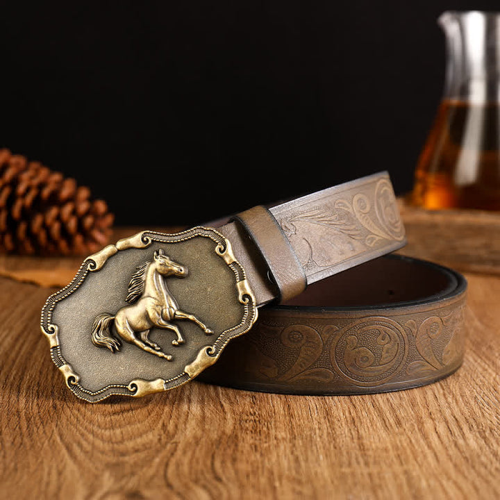 Ceinture en cuir noir argenté pour homme avec cheval au galop