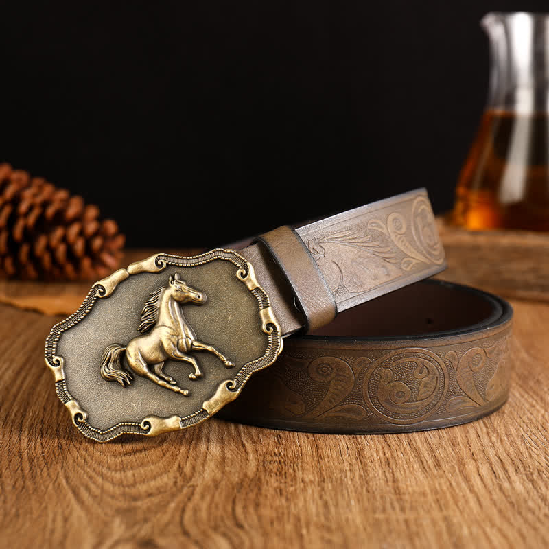 Ceinture en cuir noir argenté pour homme avec cheval au galop - Style #1 - 42 - image 0