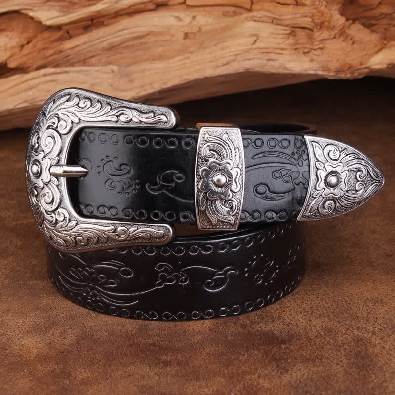 Ceinture unisexe en cuir à imprimé floral et texture rustique