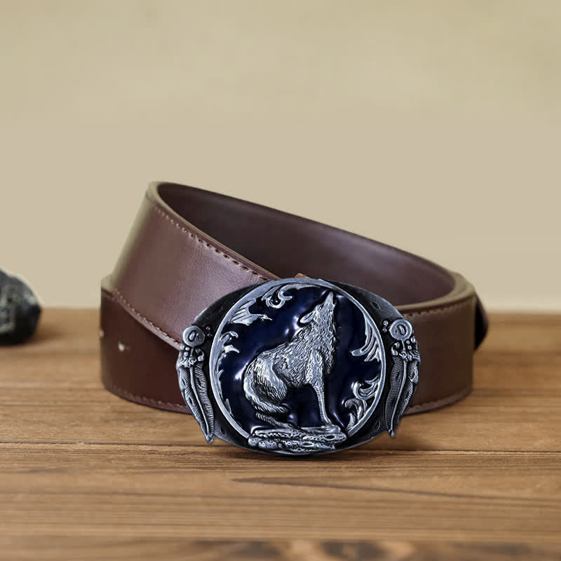 Ceinture en cuir à boucle en émail pour homme avec loup hurlant dominateur