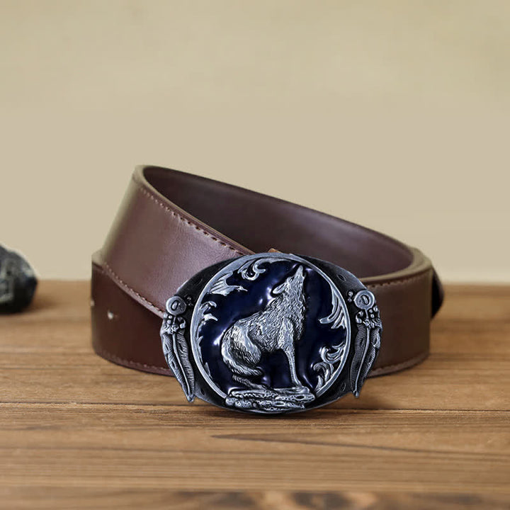 Ceinture en cuir à boucle en émail pour homme avec loup hurlant dominateur