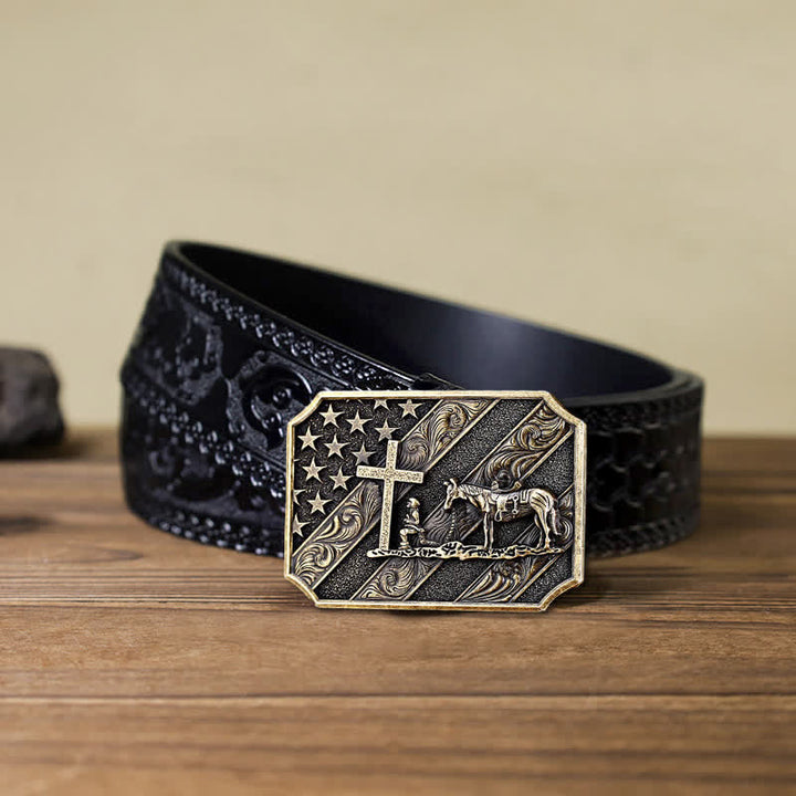 Ceinture en cuir à boucle de cheval avec croix de prière et drapeau américain pour homme