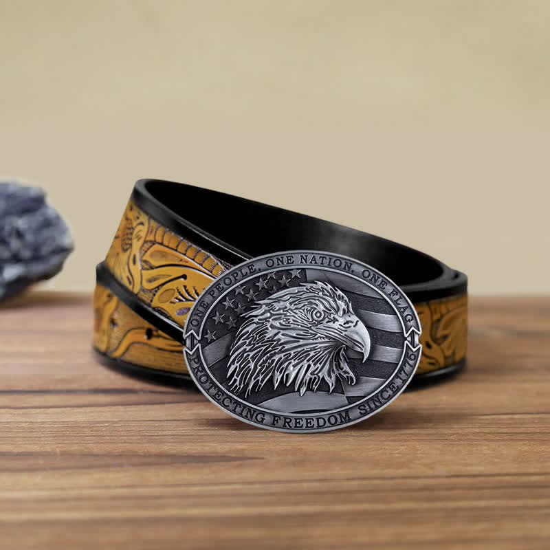 Ceinture en cuir à boucle patriotique pour homme avec drapeau américain et aigle à tête blanche
