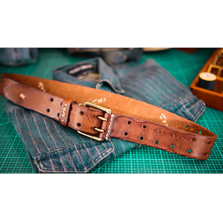 Ceinture large en cuir à double boucle pour homme