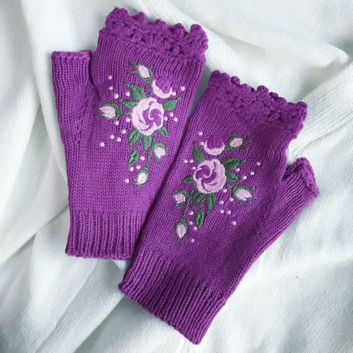 Gants tricotés demi-doigts brodés de fleurs pour femmes