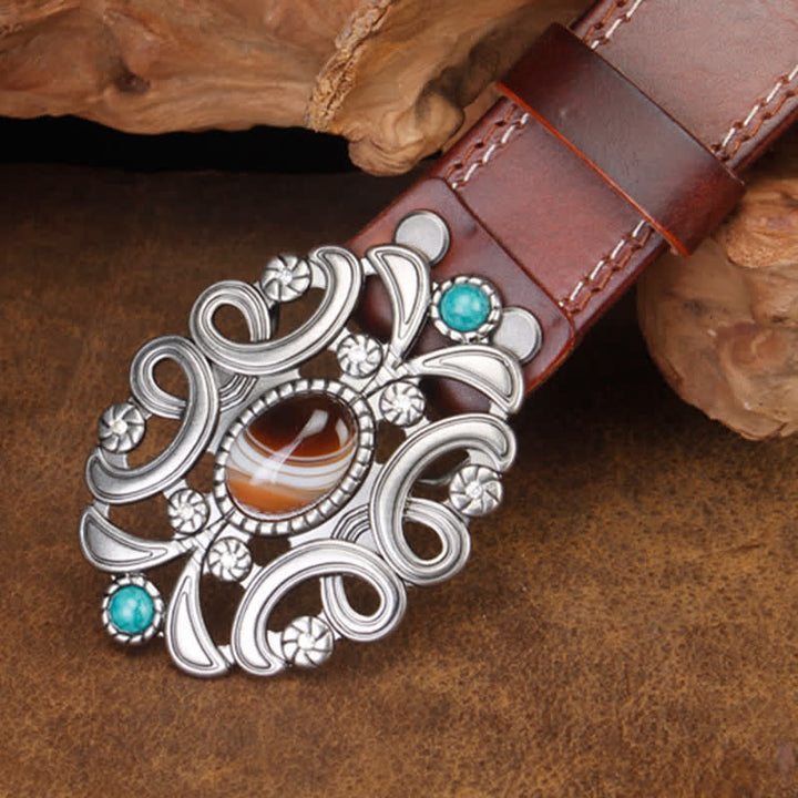 Ceinture unisexe en cuir avec pierre d'agate et fleur creuse turquoise