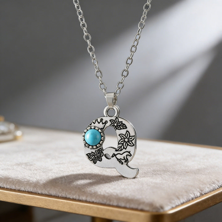 Collier vintage avec pendentif turquoise et initiale - Q - image 28