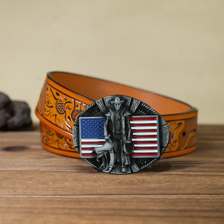 Ceinture en cuir à boucle de cowboy avec drapeau américain pour homme