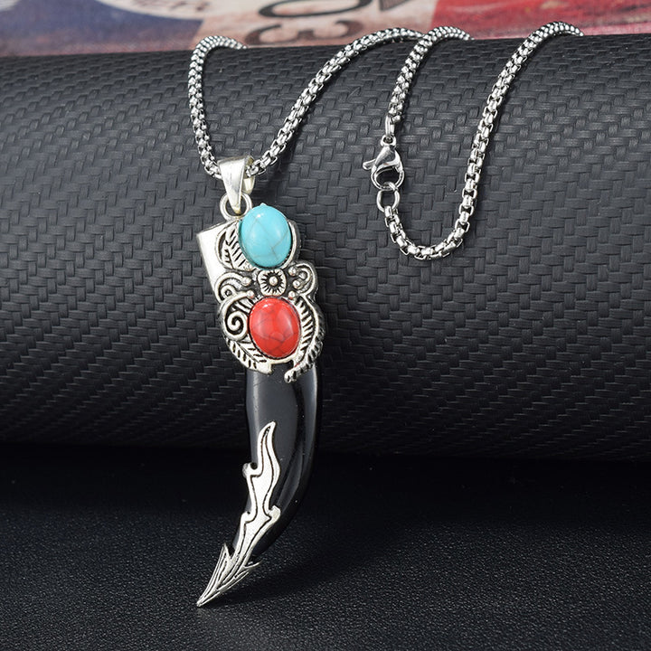 Collier vintage western pour homme en dent de loup à deux pierres - Noir - image 5