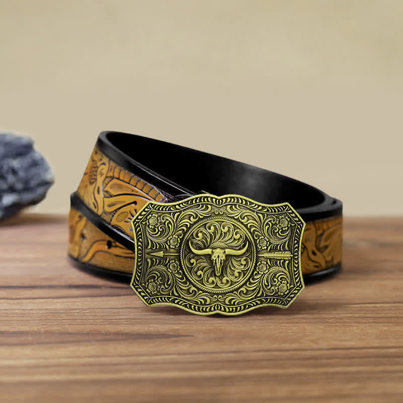 Ceinture en cuir à boucle en forme de flèche de taureau à longue corne pour homme