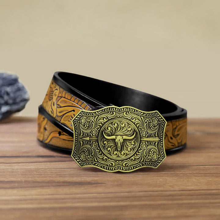 Ceinture en cuir à boucle en forme de flèche de taureau à longue corne pour homme