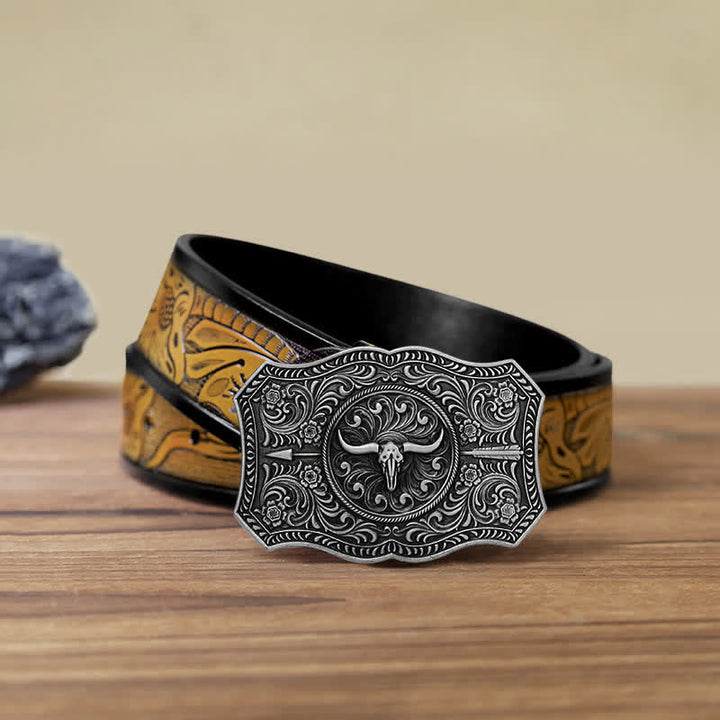 Ceinture en cuir à boucle en forme de flèche de taureau à longue corne pour homme