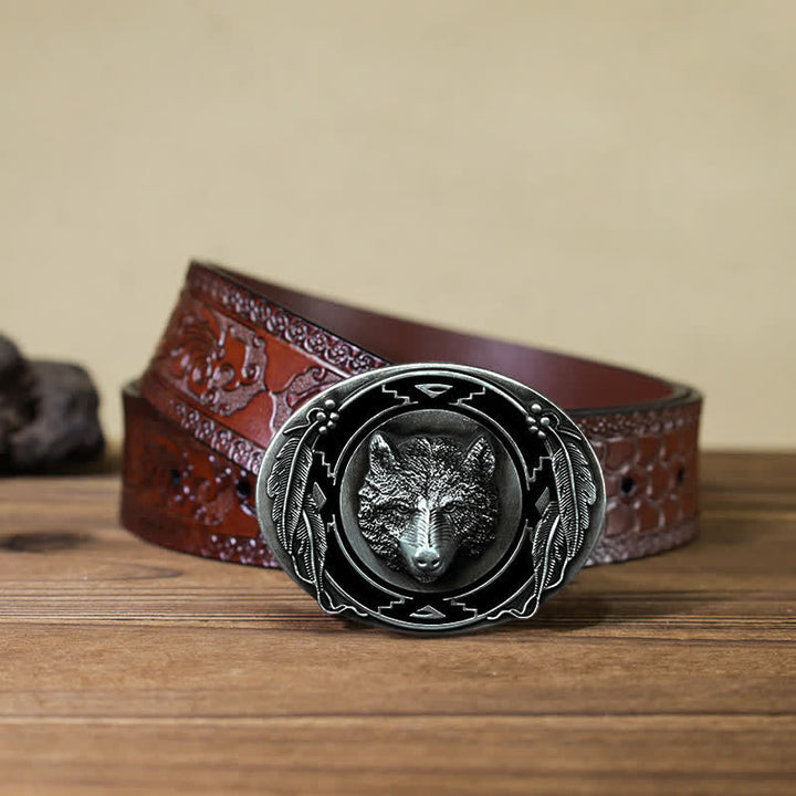 Ceinture en cuir à boucle pour homme avec tête de loup vive