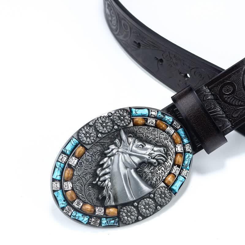 Ceinture en cuir turquoise pour homme avec tête de cheval de cow-boy