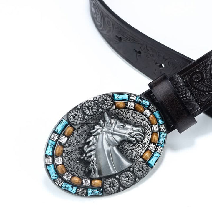 Ceinture en cuir turquoise pour homme avec tête de cheval de cow-boy
