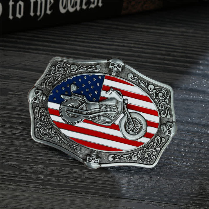 Ceinture en cuir à boucle tête de mort pour homme avec drapeau américain et moto