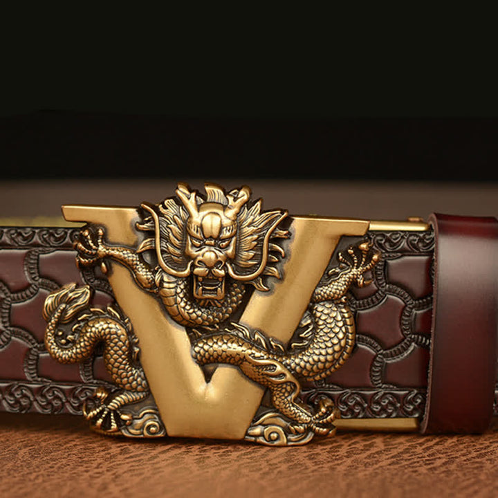 Ceinture en cuir avec motif dragon en relief et lettre V pour homme