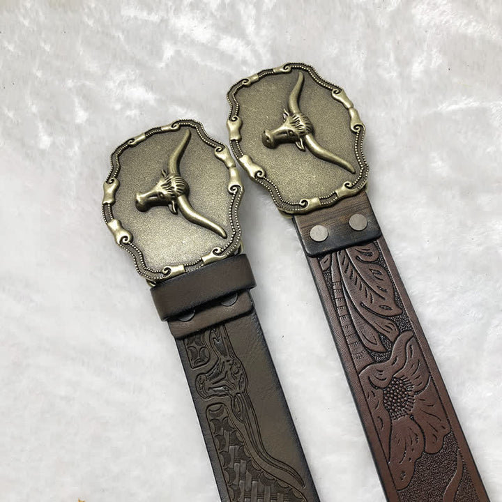 Ceinture en cuir de taureau à longues cornes antiques pour homme