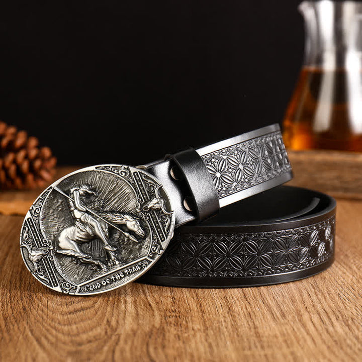 Ceinture en cuir à boucle géométrique pour homme avec cheval au galop