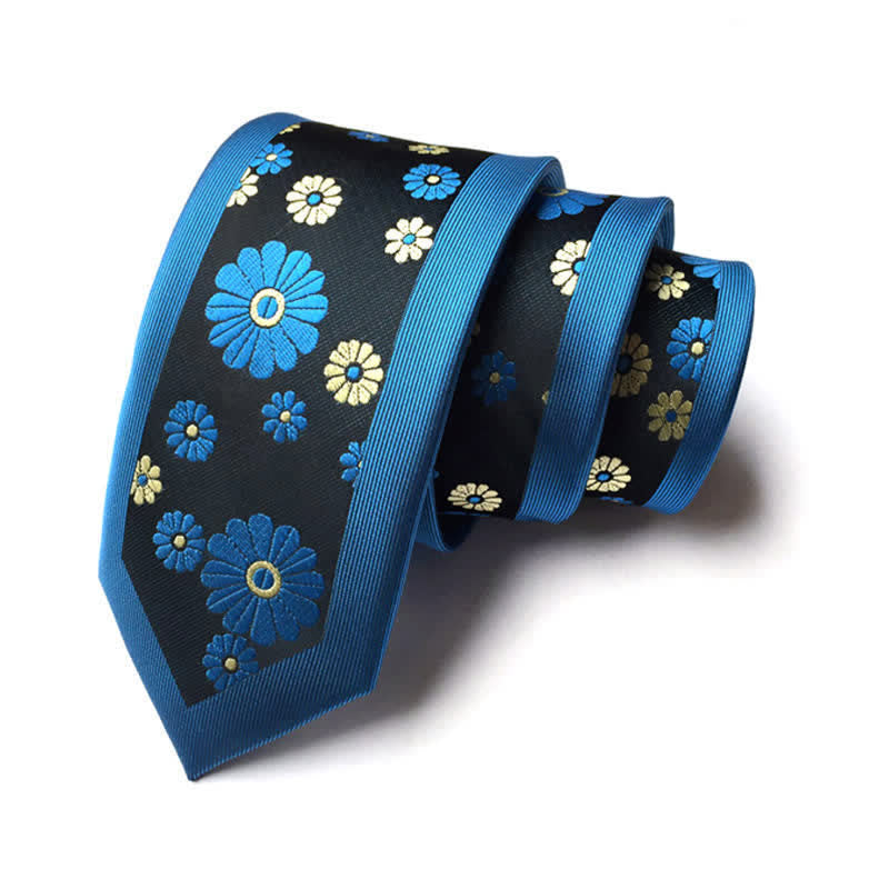 Cravate étroite à motif floral marguerite simple pour homme - Bleu sarcelle et jaune - image 3