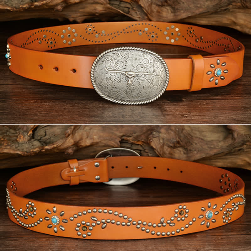 Ceinture en cuir véritable turquoise à rivets punk pour homme avec taureau à longues cornes