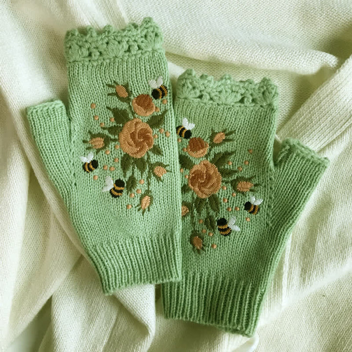 Gants tricotés demi-doigts brodés de fleurs pour femmes