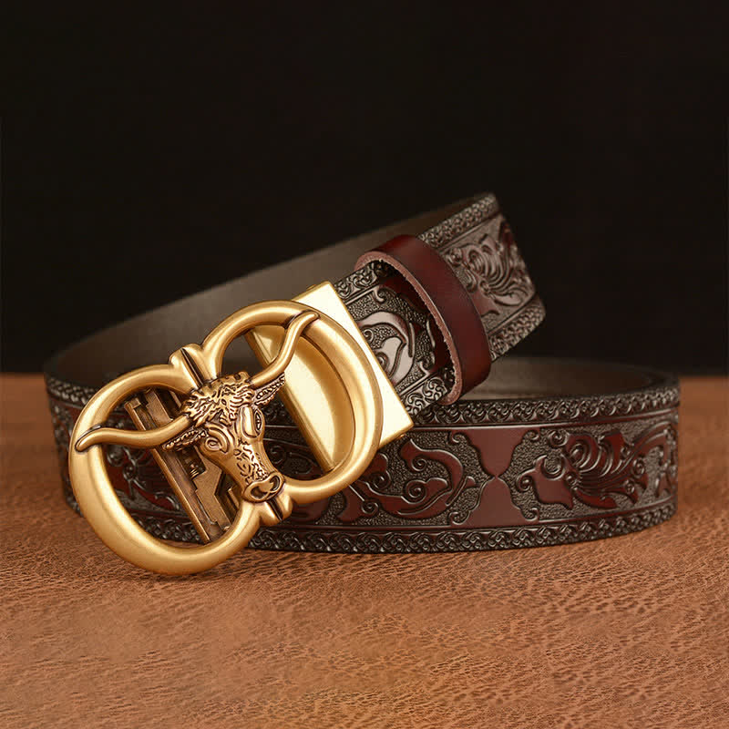 Ceinture en cuir avec boucle tête de taureau pour homme