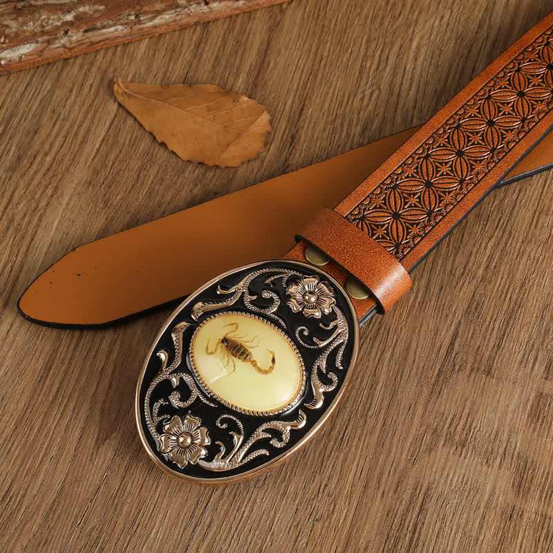 Ceinture en cuir à boucle pour homme avec motif animal, scorpion et fleur