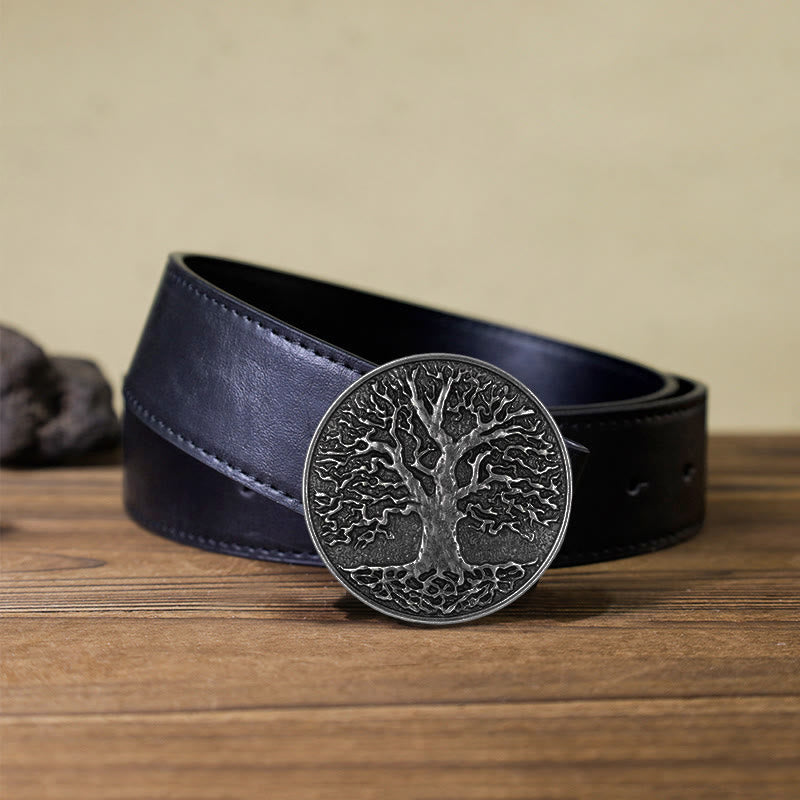 Ceinture en cuir à boucle ronde pour homme avec motif arbre de vie