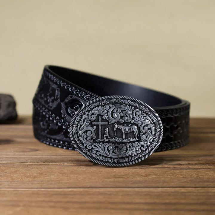 Ceinture en cuir à boucle ovale pour homme avec motif cowboy priant
