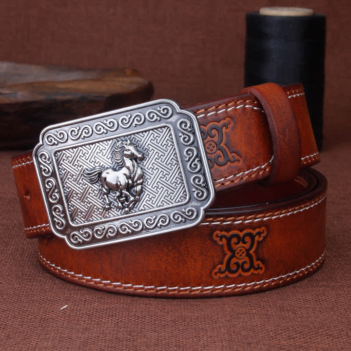 Ceinture en cuir de cheval argenté ethnique pour homme avec motif cowboy