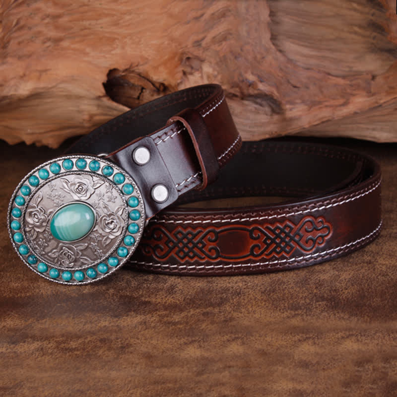 Ceinture unisexe en cuir sculpté avec agate de jade turquoise rose