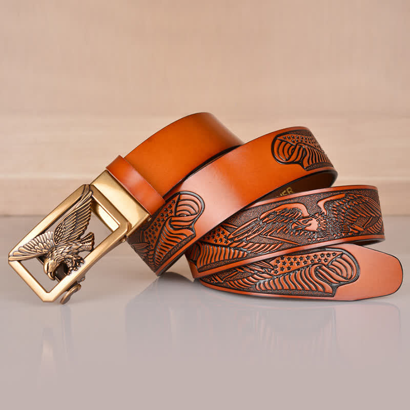 Ceinture en cuir gaufré à boucle aigle creuse pour homme