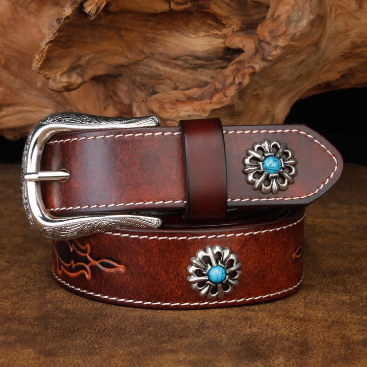 Ceinture unisexe rétro en cuir marron turquoise à fleurs