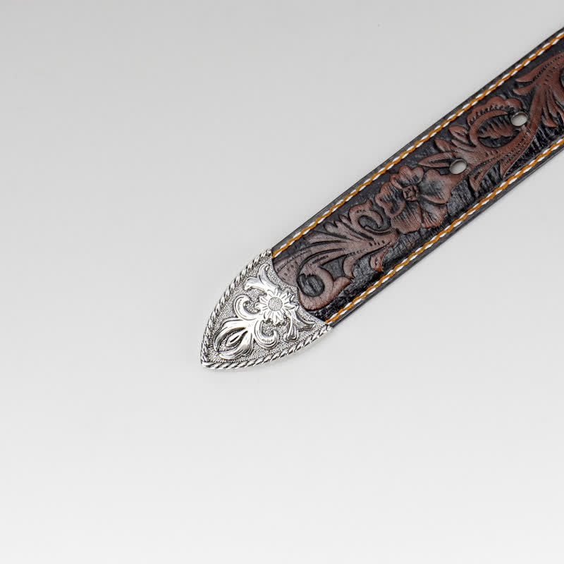 Ceinture en cuir gravé à fleurs vintage pour femme couleur café